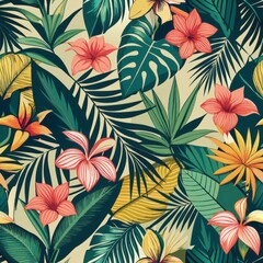 Seamless pattern of tropical palm leaves and flowers