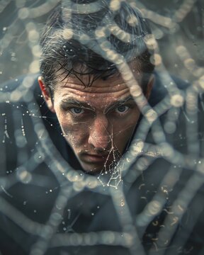 Man caught in a spider web of financial scams, depicting deceitful financial traps, more clarity with clear light and sharp focus , high detailed ,