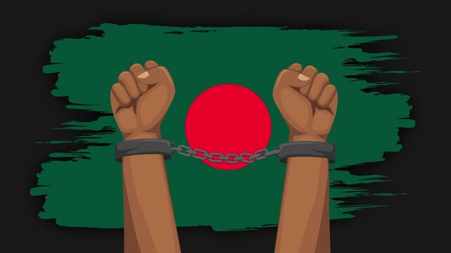 Handcuffs Hand Raised on a Background of the Bangladesh Flag