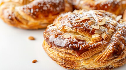 Danish pastry with a layer of almond paste and powdered sugar, closeup, against a white background, nutty and delicious