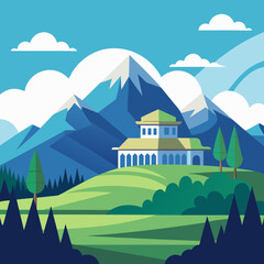 Flat Design Vector of Serene Mountain Landscape with Distant Building