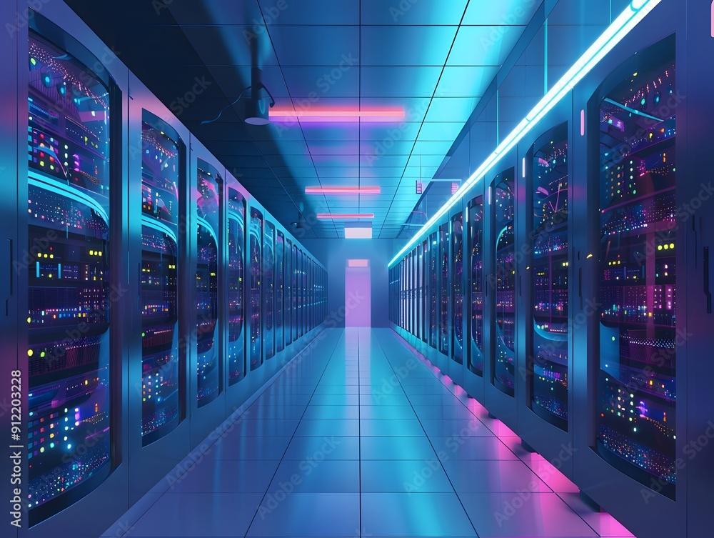 Poster futuristic server room with glowing lights and rows of data racks, showcasing advanced technology an