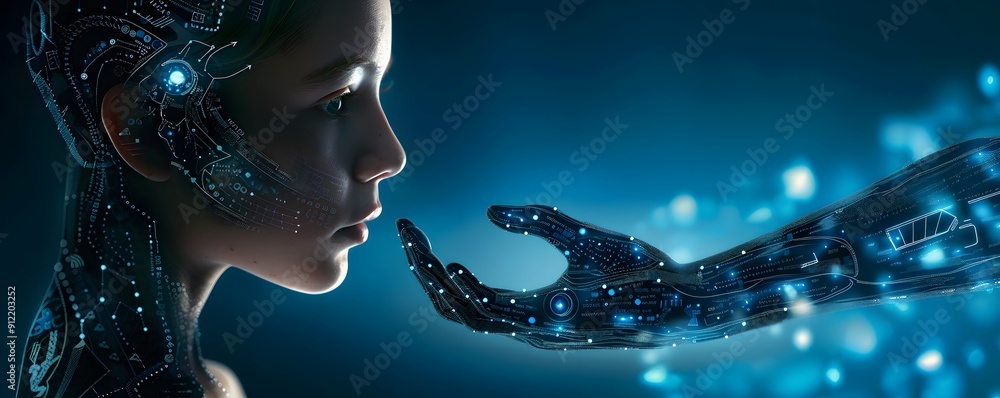 Poster futuristic human-robot interaction with glowing elements illustrating advanced technology and artifi
