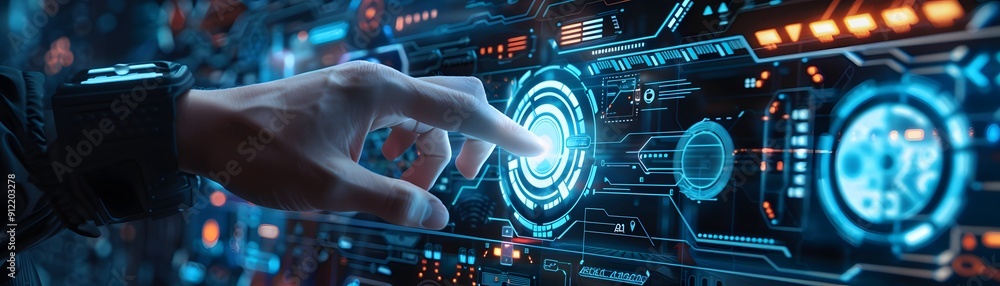 Poster futuristic interface showcasing a hand interacting with advanced technology and digital data visuali