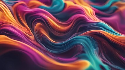 Trendy background with flowing liquid texture in orange purple with neon blue accents.