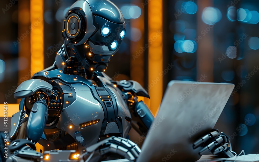 Aufkleber futuristic robot working on a laptop, depicting advanced technology and ai integration in modern soc