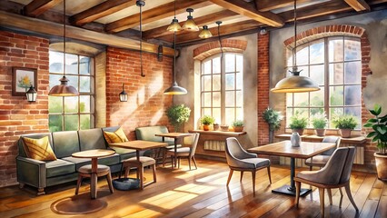 A Cozy Corner Cafe: A Watercolor Illustration of a Quaint Cafe with Warm, Earthy Tones  Generative AI