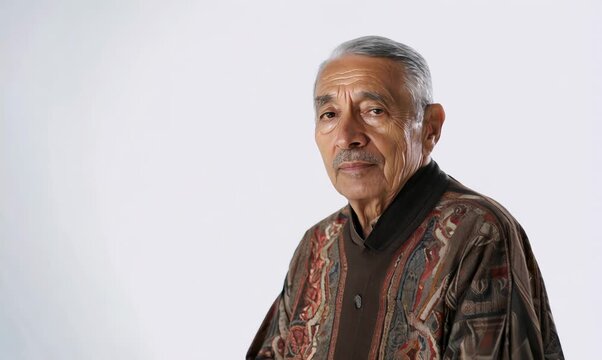 Group portrait video of a Peruvian man in his 80s against a white background