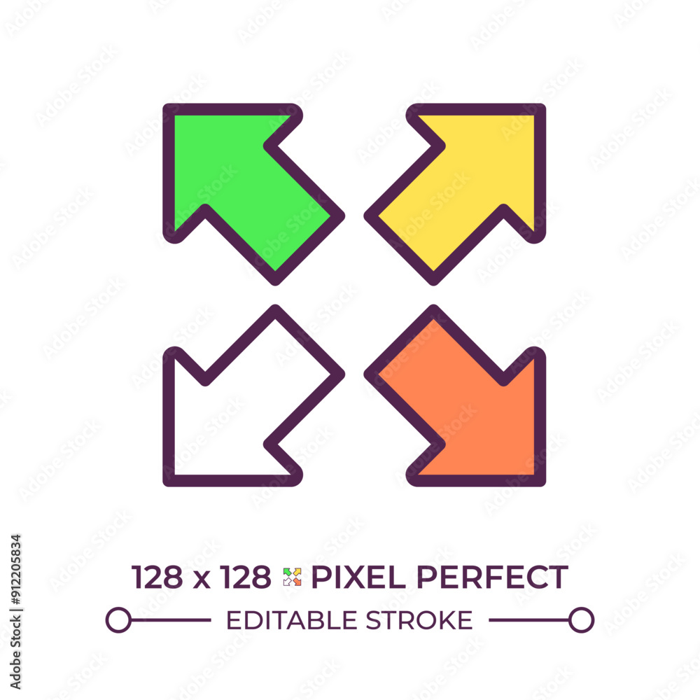 Poster expand rgb color icon. four arrows pointing outwards to represent expansion or fullscreen mode. zoom