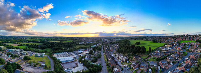Panorama aerial drone photography of a summer evening in a typical urban town scene in the town of...