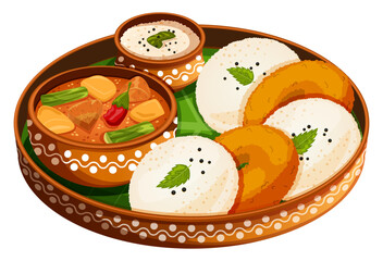 Idli, Vada & Sambar with Coconut Chutney in Mud Thali - South Indian Cuisine 