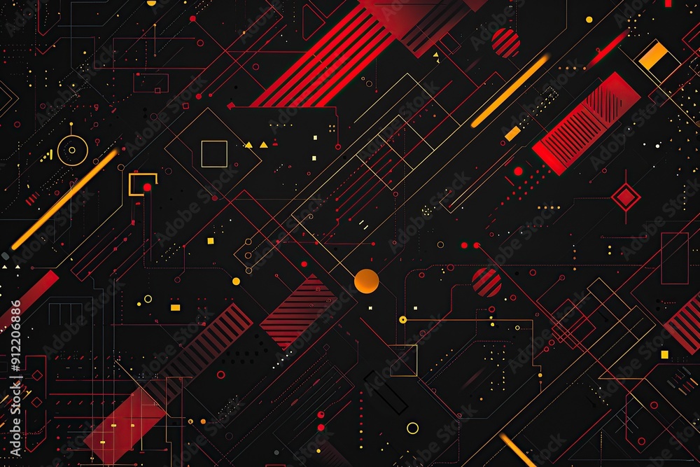 Poster a dark background with various geometric shapes in red, yellow and black, arranged to create an abst