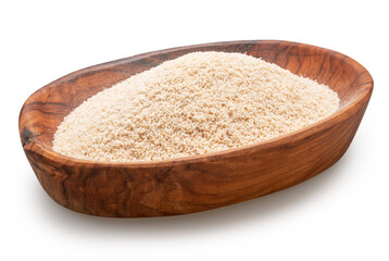 Cassava flour or manioc flour in wooden bowl on white background. File contains clipping path.