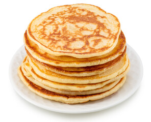 Stack of pancakes on white plate. File contains clipping path.
