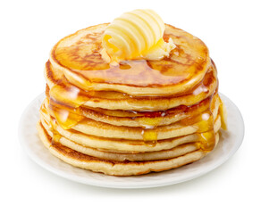 Stack of pancakes with butter swirl on top. File contains clipping path.