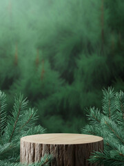 The background is a coniferous forest. Green fir branches and a wooden podium 
