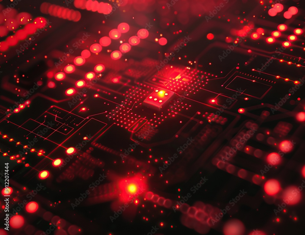 Aufkleber binary circuit board future technology, red cyber security concept background, abstract hi speed dig