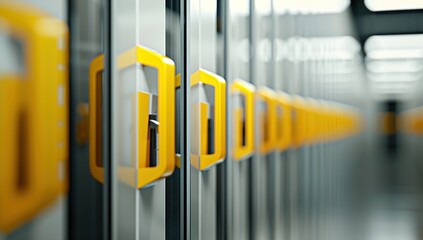 A close-up of yellow and white door handles on rows of gray storage boxes in the server room