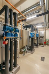 Spacious mechanical room with neatly installed HVAC systems