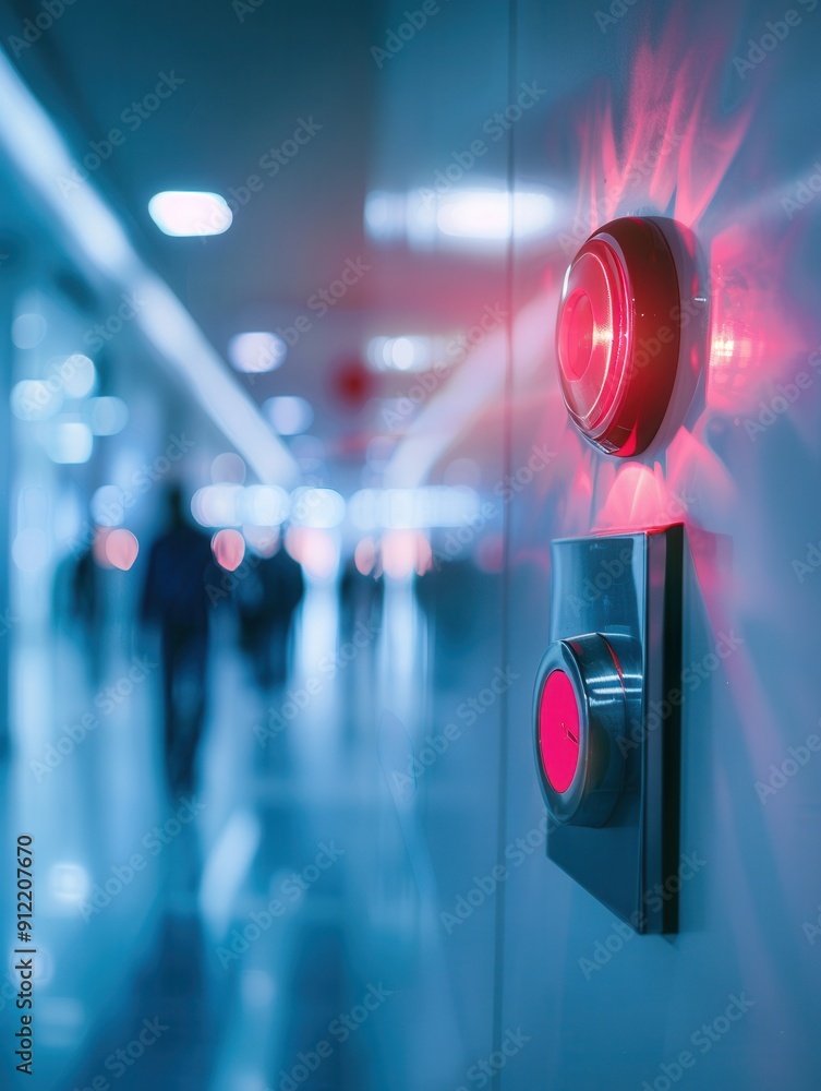 Poster a bright red fire alarm with a flashing light and button is mounted on a wall in a busy corridor fil
