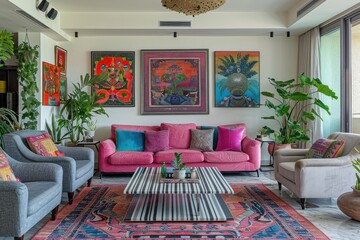 A living room with a pink couch, a coffee table, and a rug