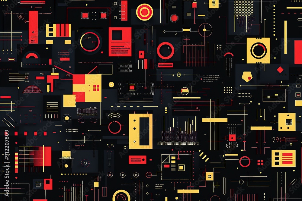 Poster a dark background with various geometric shapes in red