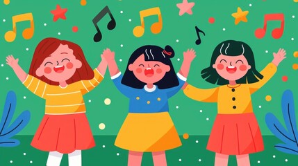 Naklejka premium Vibrant and cheerful depicting a lively music concert with children enthusiastically dancing singing and celebrating the joyful performance The scene showcases the energy creativity