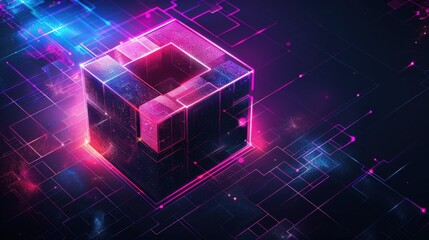 A cube with a hole in the middle is surrounded by a colorful background