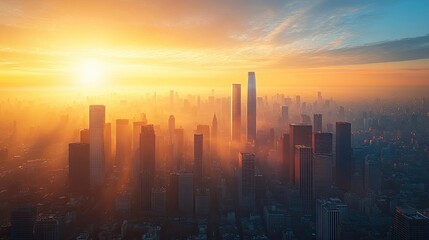 Golden Hour Sunrise Over a City Skyline with Tall Skyscrapers