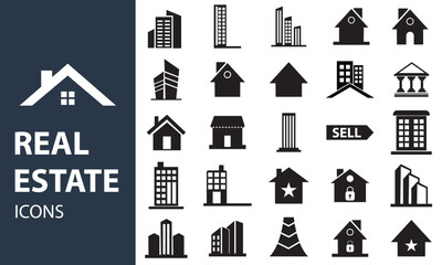 Set of 25  icons related to real estate. Linear icon collection. Editable stroke. Vector illustration.  Isolated on white background. EPS 10