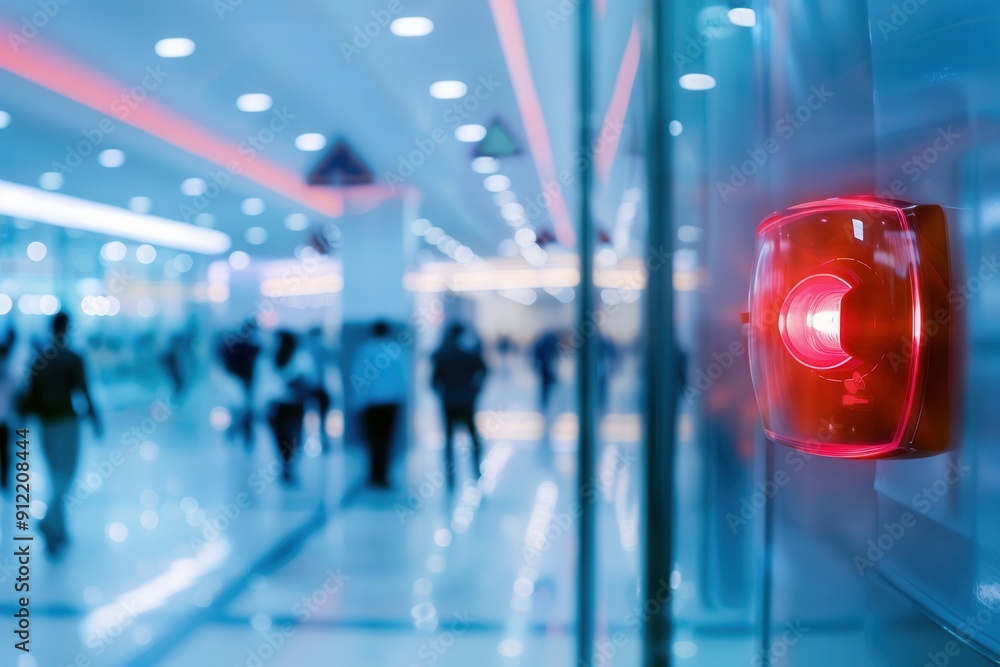Aufkleber a bright red fire alarm with a light and button is mounted on a wall, signaling activity in a bustli