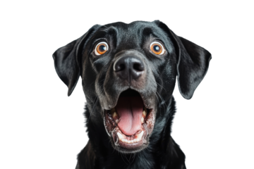 Dog a shocked expressionon with wide eyes and an open mouth  on isolated transparent background