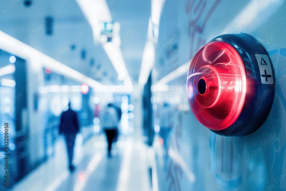 Poster a bright red fire alarm with a button is mounted on a wall in a well-lit hallway where people are wa