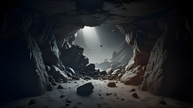 A hole in a rock cave and a mysterious dark cave where rocks fall