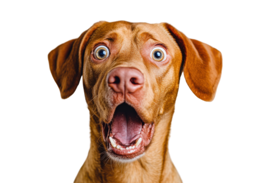 Dog a shocked expressionon with wide eyes and an open mouth  on isolated transparent background