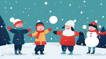 Vibrant depicting a group of cheerful children engaged in a lively snowball fight surrounded by a snowy winter wonderland  The scene captures the infectious laughter playful energy