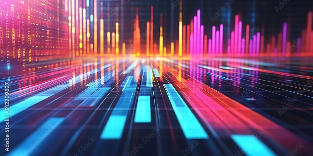 Poster abstract 3d background with neon lights and digital grid