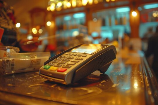 A credit card reader sits on a counter in a bar