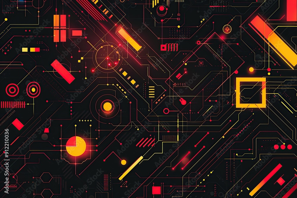 Poster a dark background with various geometric shapes in red