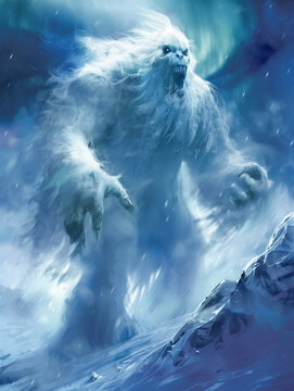The abominable snowman Yeti creature on the mountain snow