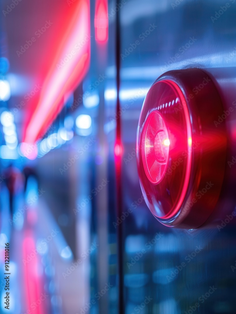 Poster A fire alarm with a bright red light and button is mounted on a wall, vigilance maintained in a public space to ensure safety. Generative AI