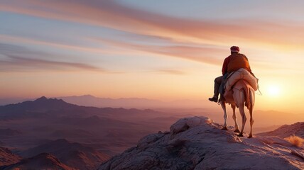 Lone traveler on camelback traversing the desert alongside a partially restored khetara.