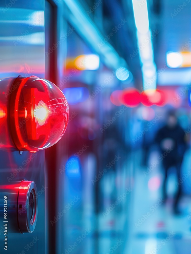 Aufkleber A bright red fire alarm with a flashing light and a panic button is mounted on a wall in a bustling corridor, alerting individuals about a possible emergency. Generative AI