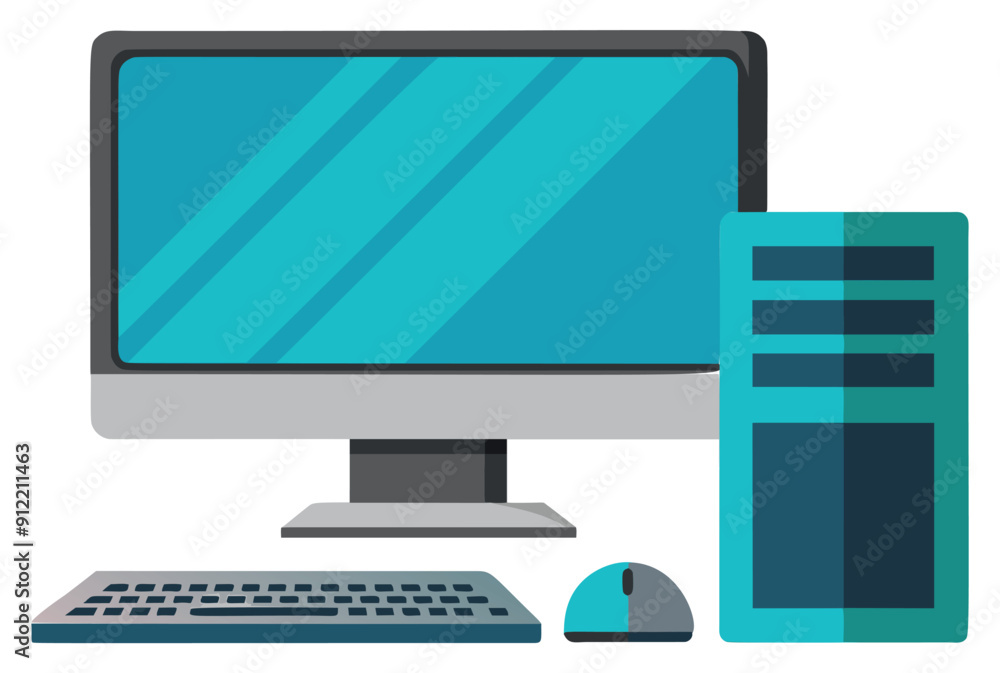 Poster modern desktop computer setup with keyboard and mouse. vector illustration