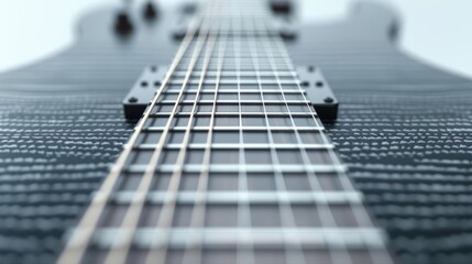 Fototapeta premium Close-up view of a black electric guitar neck highlighting its smooth strings and fretboard in an artistic perspective.