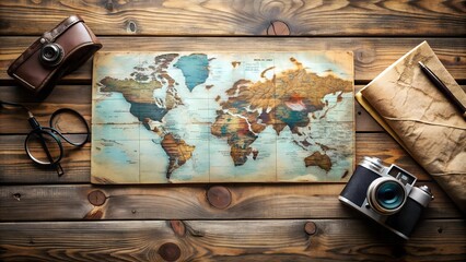 A Journey Unfurled: Wanderlust Organizer Concept with Rustic Wooden Background  Generative AI