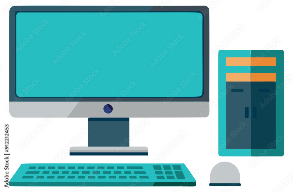 Poster blue desktop computer with keyboard and mouse. vector illustration