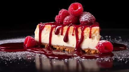 Slice of cheesecake with raspberry coulis drizzle in close up view