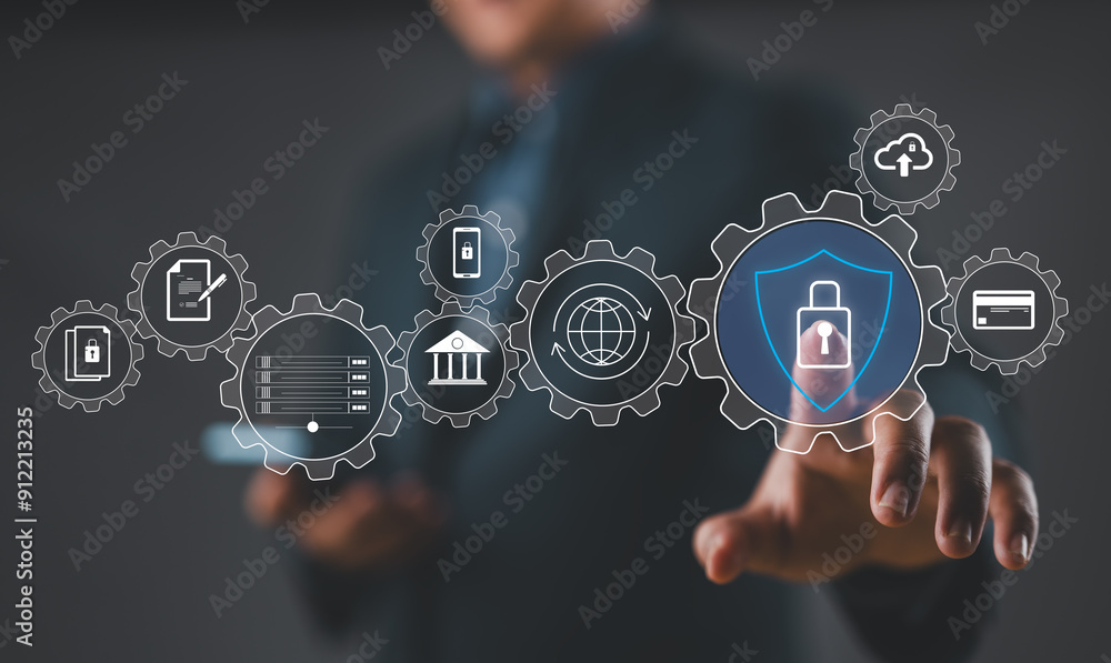 Fototapete Cybersecurity Management and Data Protection Concept. Showcasing a cyber security management interface with icons representing secure data, cloud storage, and network protection. Encryption privacy,