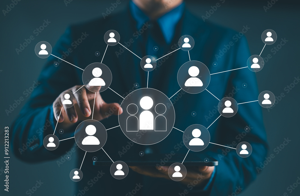 Poster crm customer relationship management concept. global business customer network technology. data exch